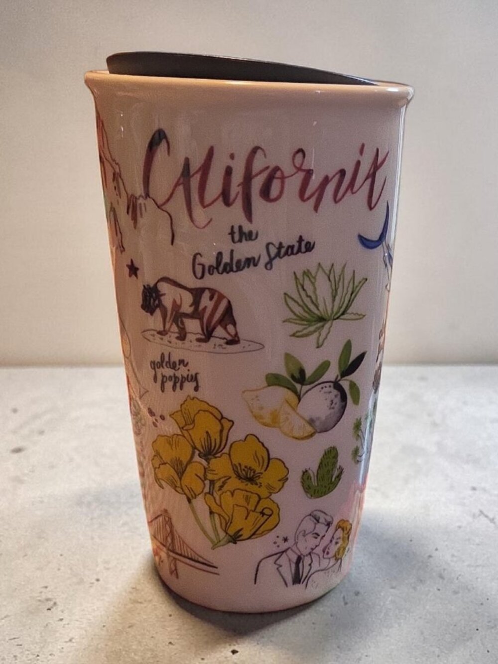 Starbucks 2016 10 fl oz Ceramic Travel Mug w/ Lid California Golden State White